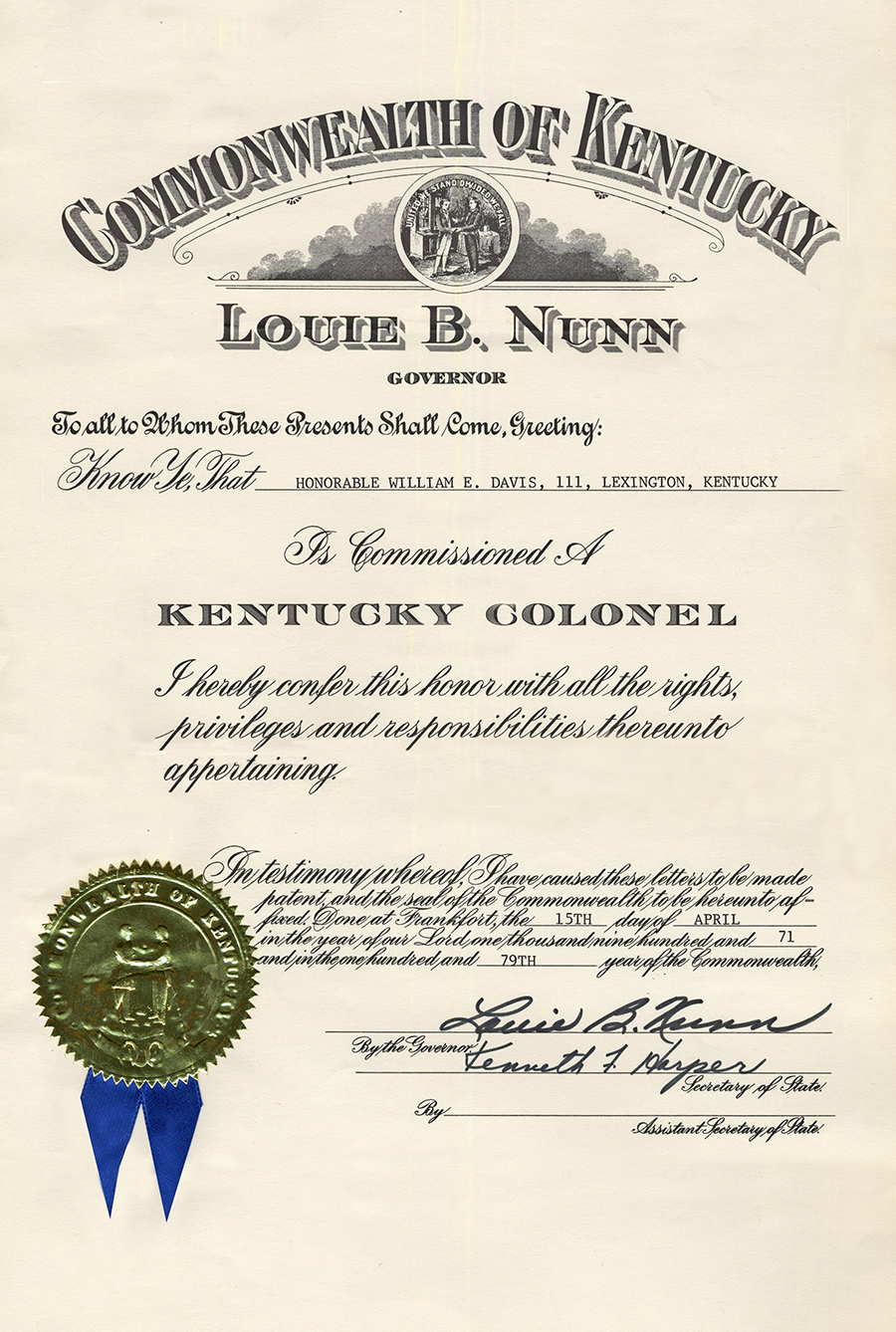 Certificate honoring William E. Davis as a Kentucky Colonel